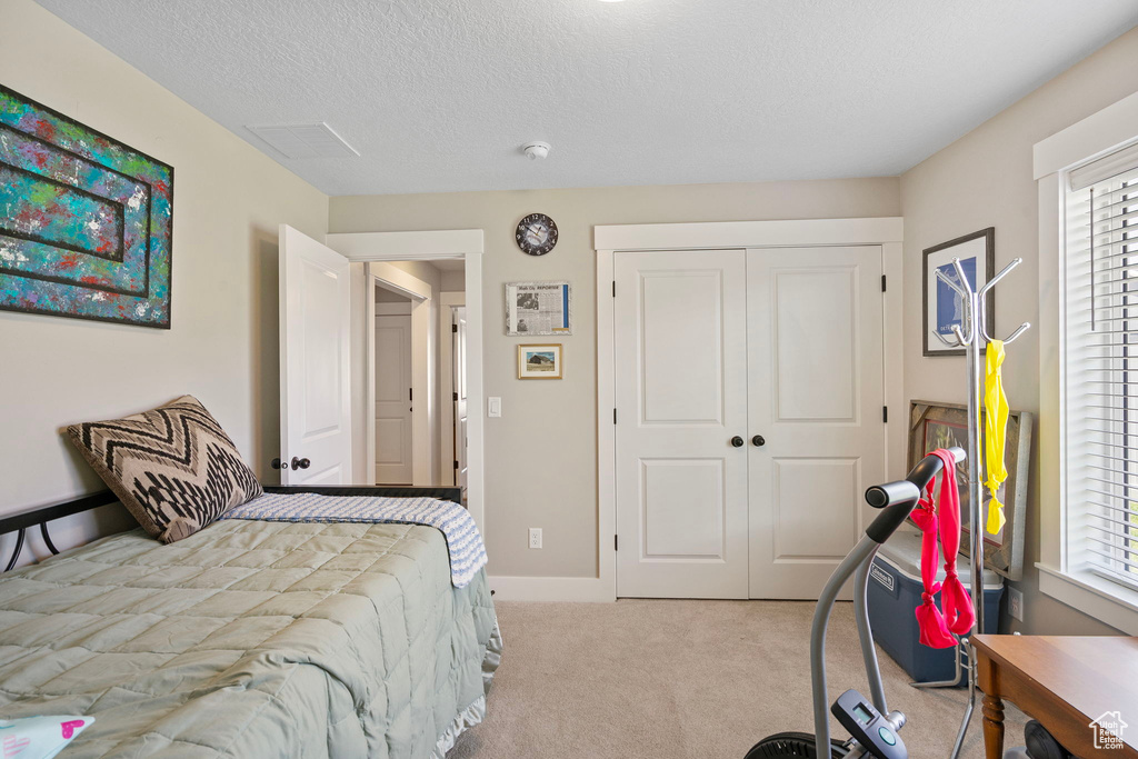 Carpeted bedroom with multiple windows, a closet, and a textured ceiling