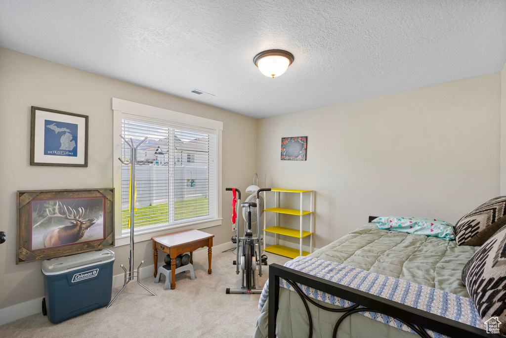 Bedroom with light carpet, baseboards, and a textured ceiling