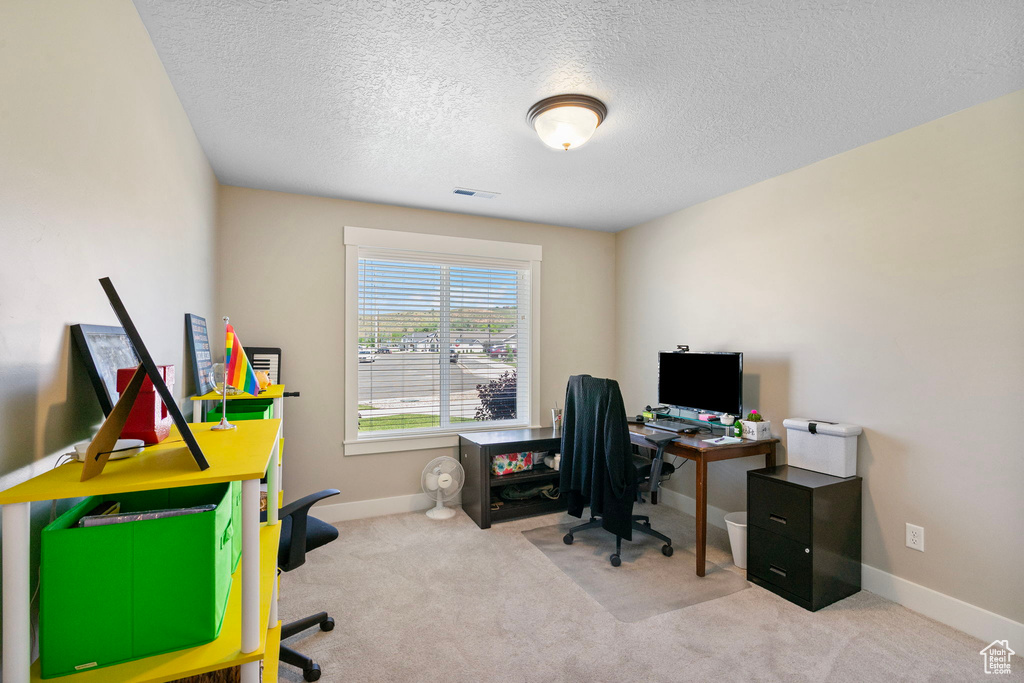 Home office featuring a textured ceiling, baseboards, and carpet flooring