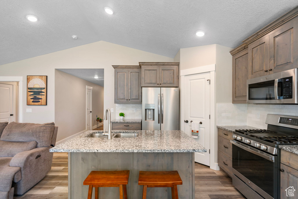 Kitchen featuring stainless steel appliances, a sink, lofted ceiling, open floor plan, and light wood-style floors