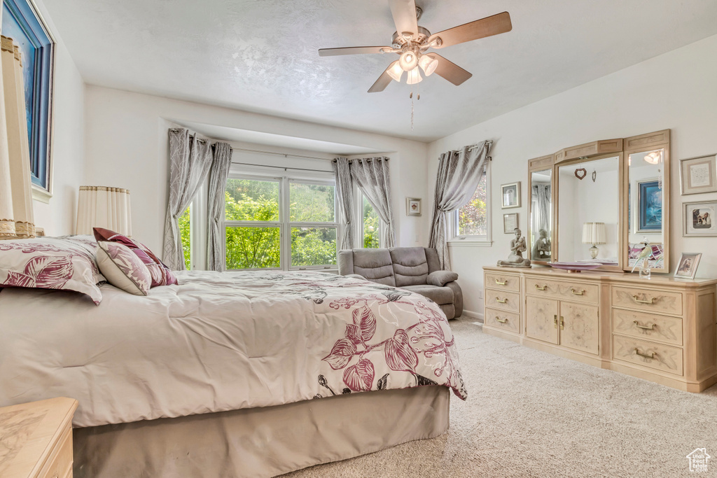 Bedroom with multiple windows, carpet floors, and a ceiling fan