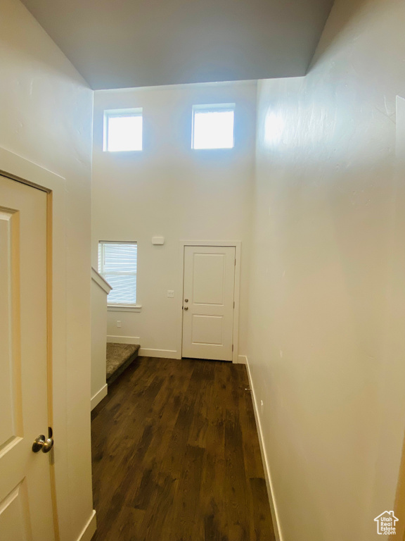 Corridor featuring dark wood finished floors, baseboards, plenty of natural light, and a high ceiling