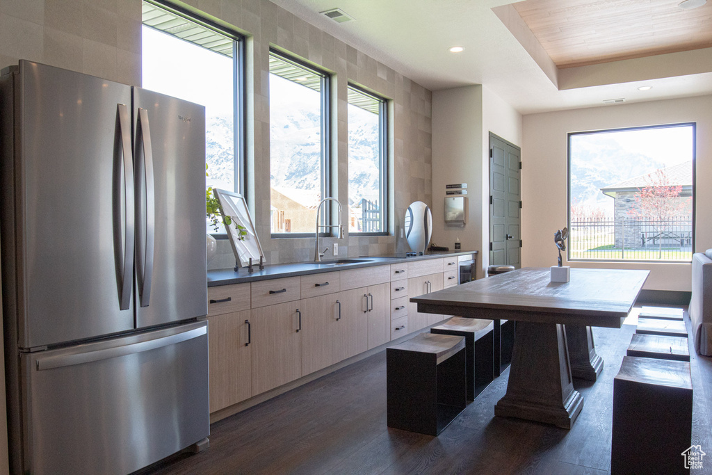 Kitchen with freestanding refrigerator, dark wood-style floors, a sink, recessed lighting, and dark countertops