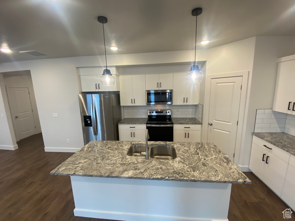 Kitchen featuring stainless steel appliances, a sink, decorative backsplash, and dark wood-type flooring