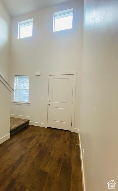 Foyer entrance with a towering ceiling, baseboards, and dark wood finished floors