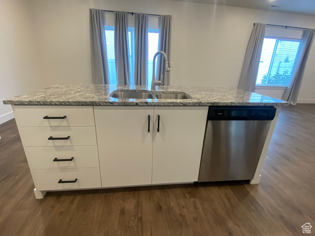 Kitchen featuring dishwasher, a sink, dark wood finished floors, and baseboards