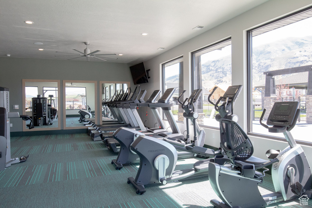 Gym featuring a ceiling fan, carpet, and recessed lighting