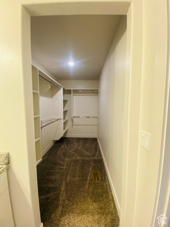 Walk in closet featuring dark colored carpet