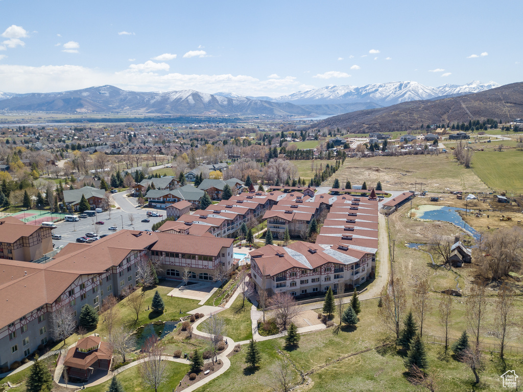 Aerial overview of property's location featuring mountains