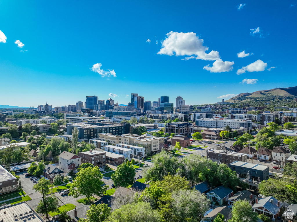View of city skyline with mountains