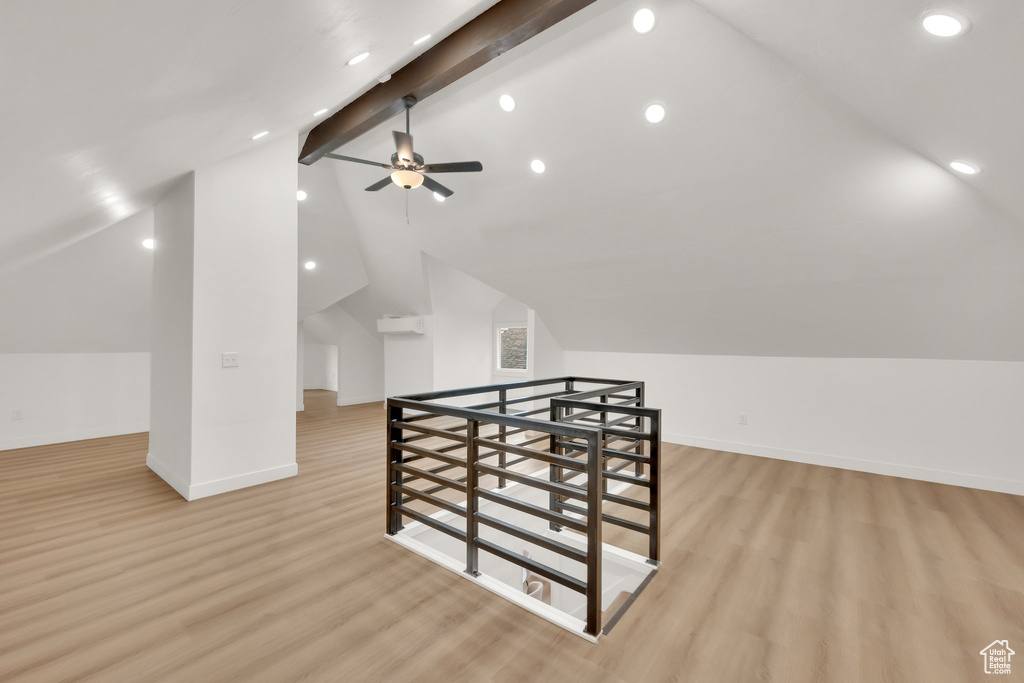 Bonus room featuring a ceiling fan, wood finished floors, recessed lighting, and baseboards