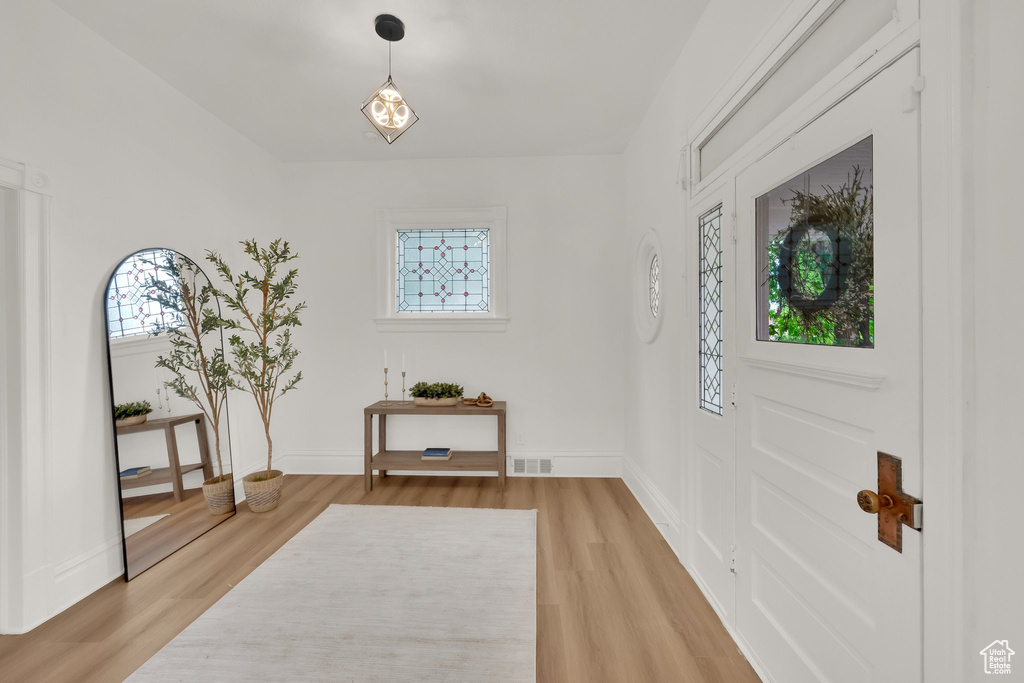 Entrance foyer featuring light wood finished floors and baseboards