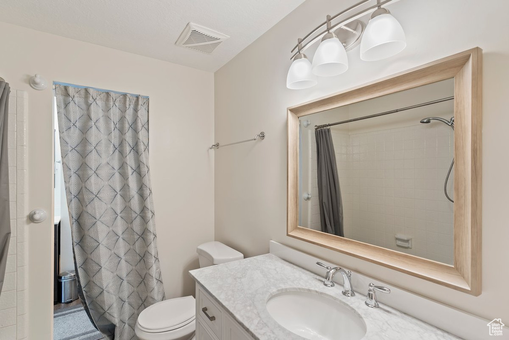 Full bathroom with vanity, toilet, and curtained shower