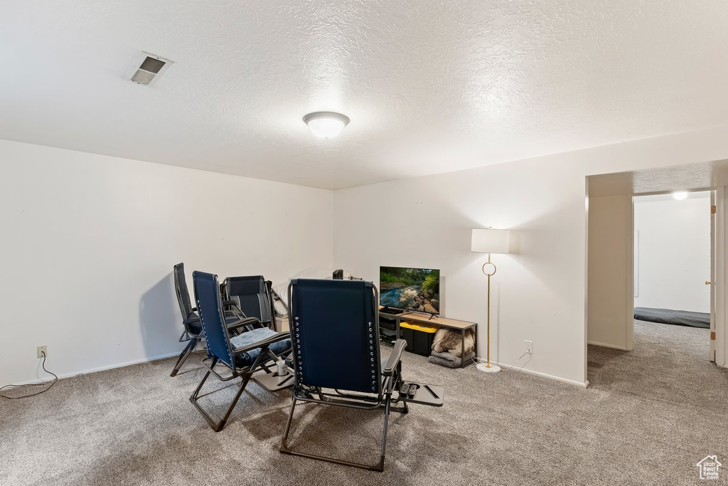 Carpeted dining room featuring baseboards and a textured ceiling
