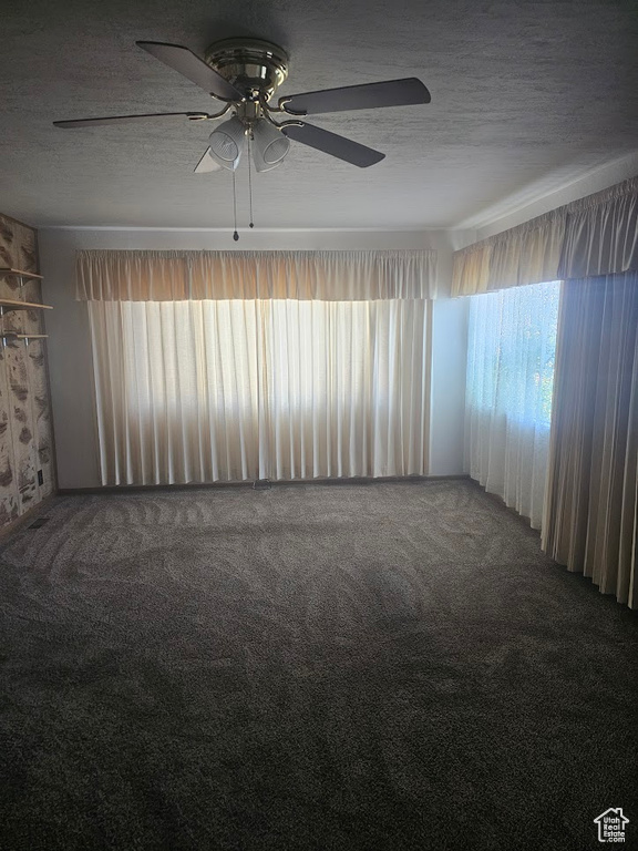 Spare room with carpet flooring, ceiling fan, and a textured ceiling