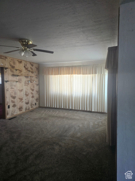 Carpeted empty room with a ceiling fan and plenty of natural light