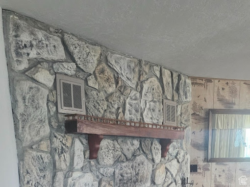 Detailed view of a textured ceiling and a fireplace