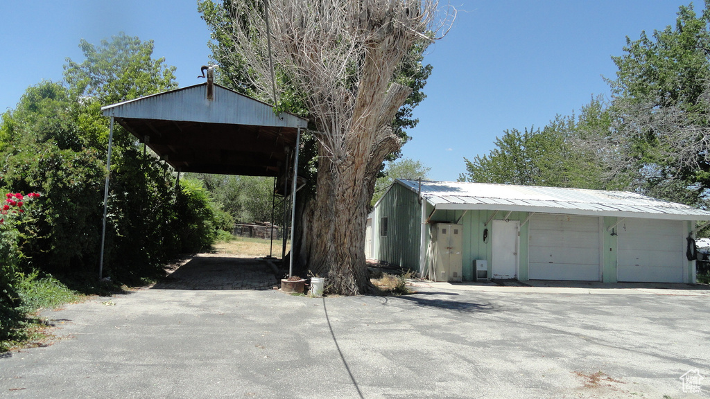 View of detached garage