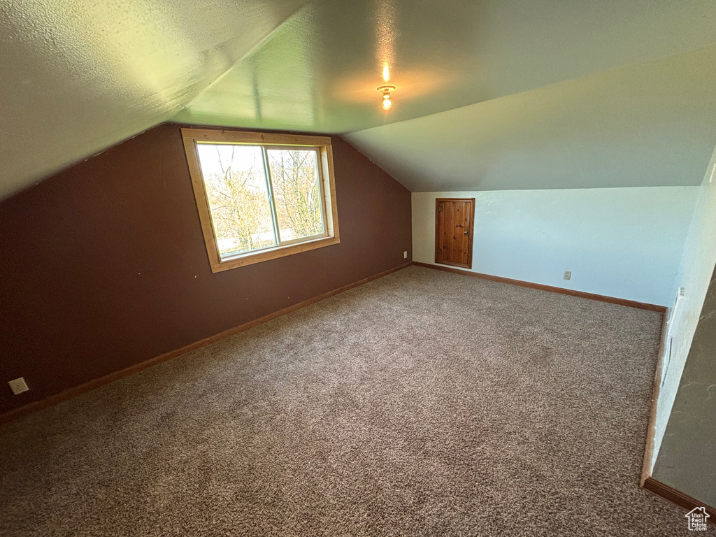 Additional living space featuring lofted ceiling, carpet flooring, baseboards, and a textured ceiling