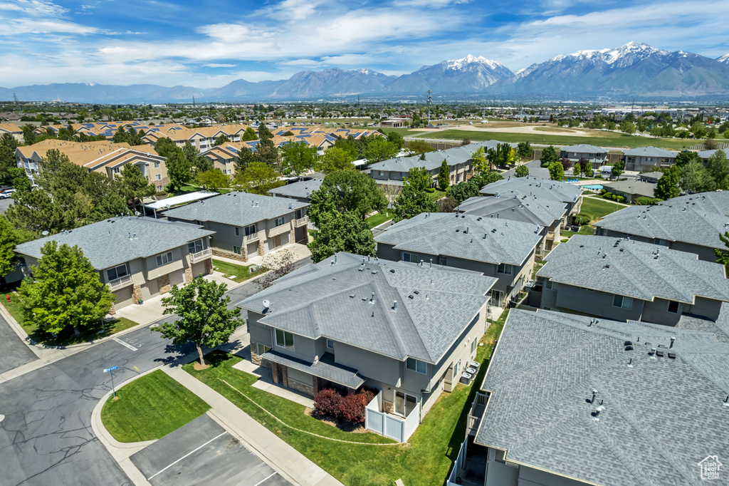 Aerial perspective of suburban area featuring mountains