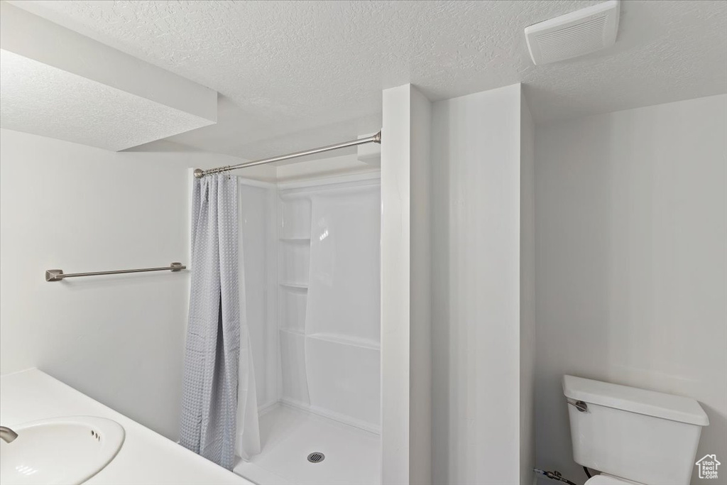 Bathroom featuring a shower stall, toilet, a textured ceiling, and vanity