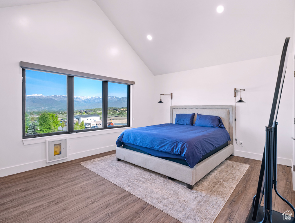 Bedroom featuring a mountain view, wood finished floors, baseboards, high vaulted ceiling, and recessed lighting