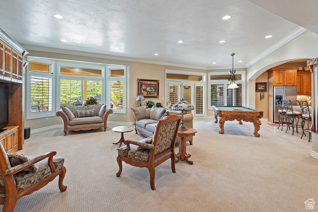 Living room featuring light colored carpet, arched walkways, billiards table, baseboards, and ornamental molding