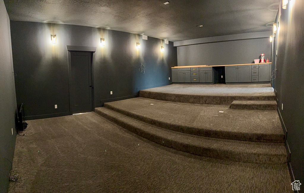 Cinema with carpet, baseboards, and a textured ceiling