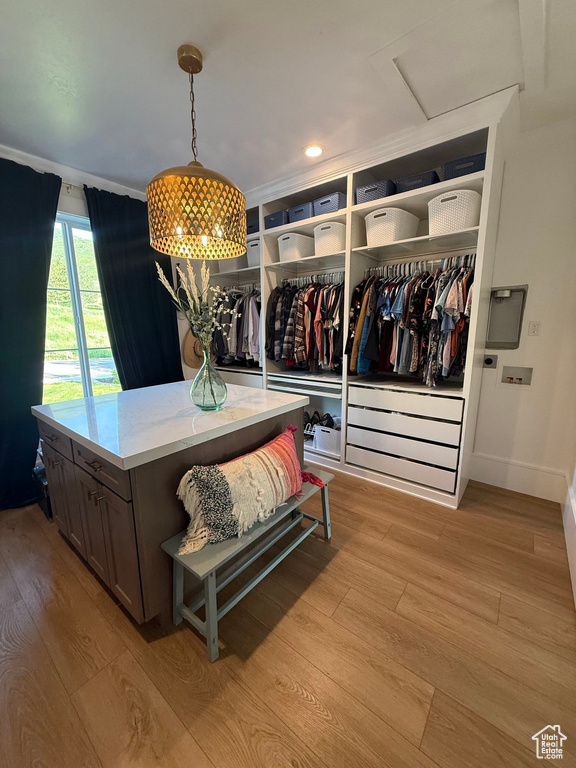 Spacious closet featuring light wood-style floors and attic access