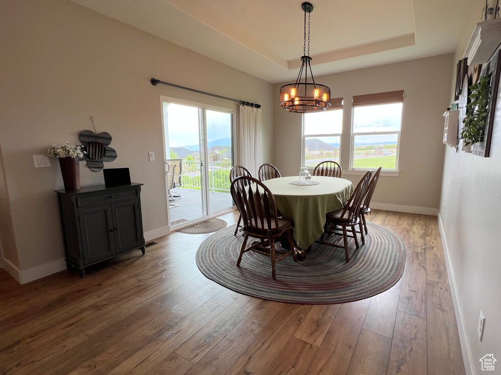 Dining area with a chandelier, a raised ceiling, light wood-type flooring, and baseboards