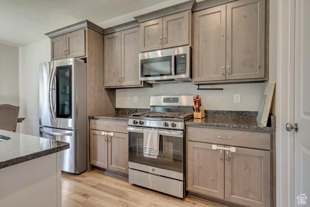 Kitchen featuring stainless steel appliances, light wood-type flooring, dark stone countertops, and gray cabinetry