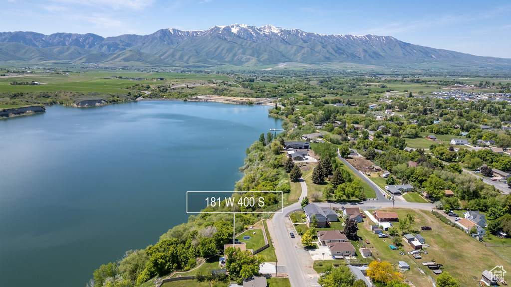 Aerial view of a water and mountain view