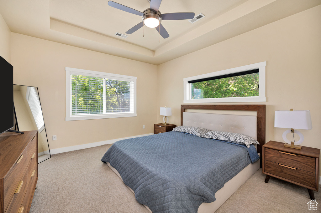 Bedroom featuring carpet floors, a raised ceiling, baseboards, and ceiling fan