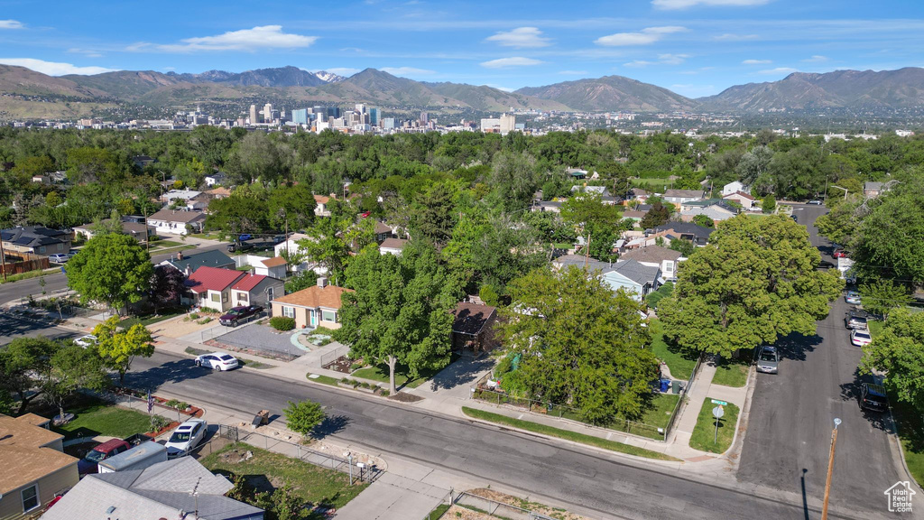 Aerial perspective of suburban area featuring mountains
