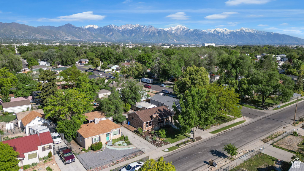 Aerial view of residential area with mountains