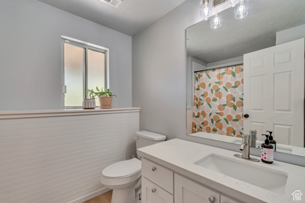Bathroom with vanity, toilet, wood finished floors, and a shower with shower curtain