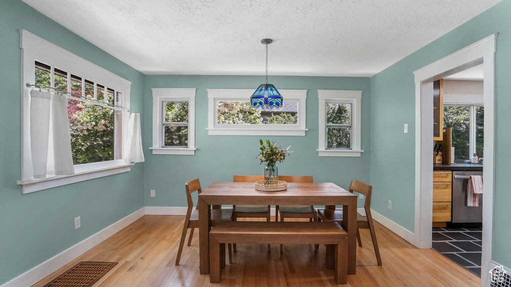 Dining space with light wood finished floors, healthy amount of natural light, a textured ceiling, and baseboards