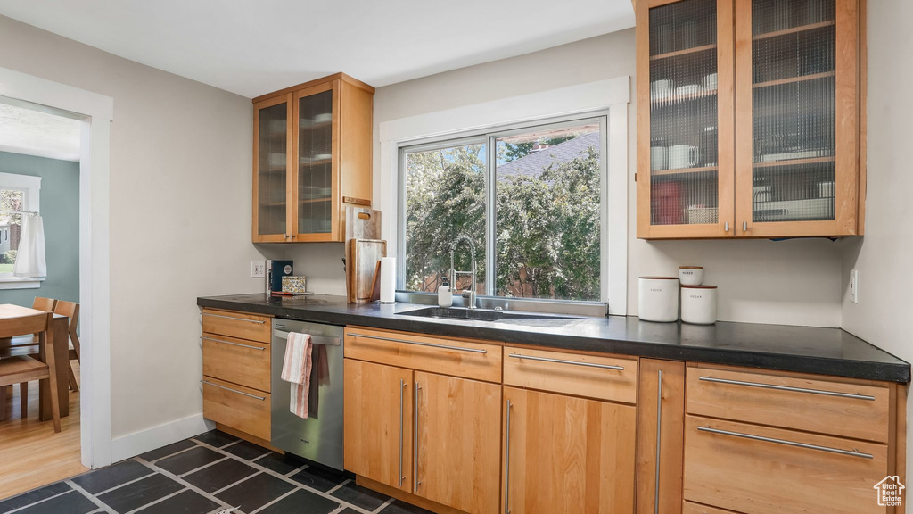 Kitchen with dishwasher, a sink, plenty of natural light, and glass insert cabinets