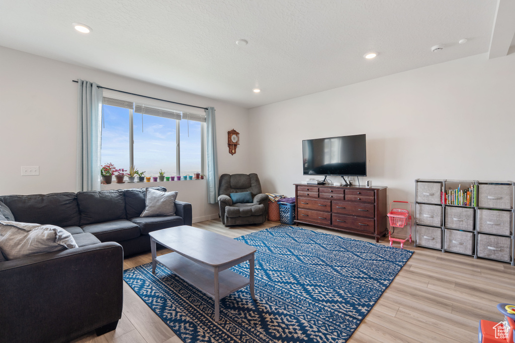 Living area with light wood finished floors and recessed lighting