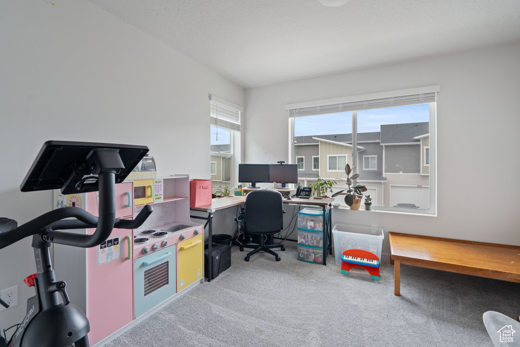 Carpeted office featuring healthy amount of natural light