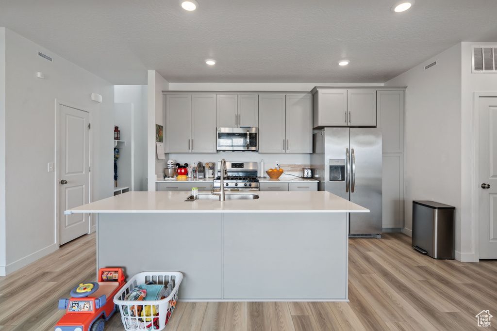 Kitchen with appliances with stainless steel finishes, a sink, gray cabinetry, light wood-style flooring, and light countertops