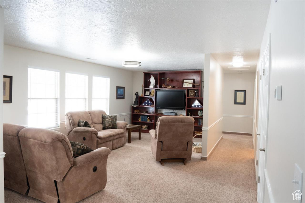 Living area featuring light carpet and a textured ceiling