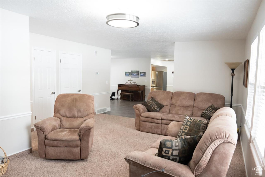 Carpeted living room with baseboards and a textured ceiling