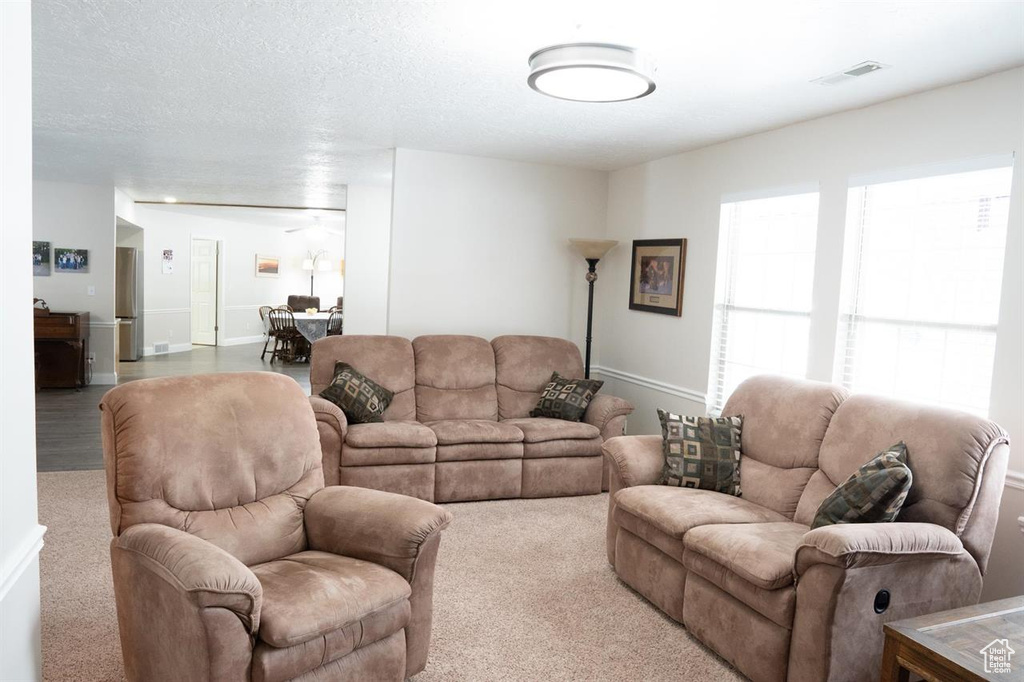 Living area with baseboards and carpet