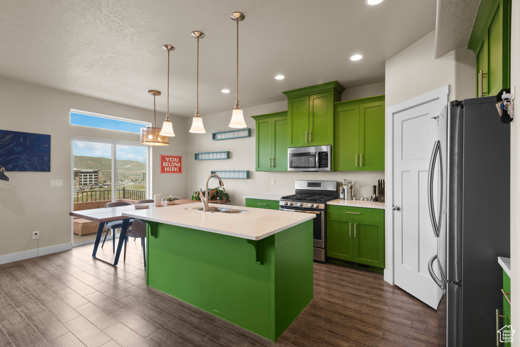 Kitchen with green cabinetry, appliances with stainless steel finishes, a sink, dark wood finished floors, and recessed lighting