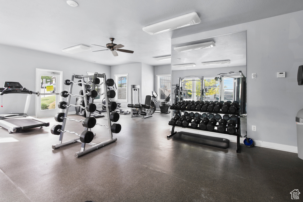 Gym featuring plenty of natural light, ceiling fan, and baseboards