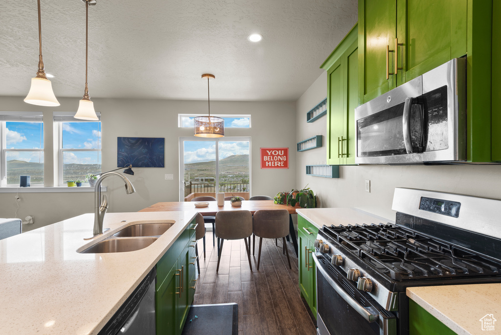 Kitchen with green cabinets, appliances with stainless steel finishes, a sink, dark wood finished floors, and decorative light fixtures