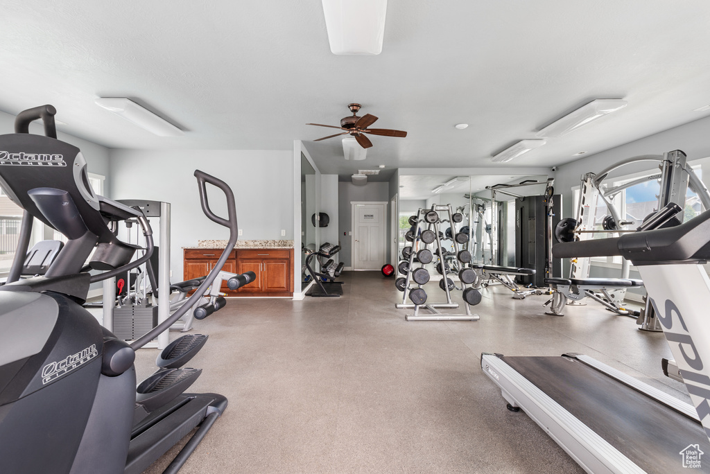 Gym with ceiling fan