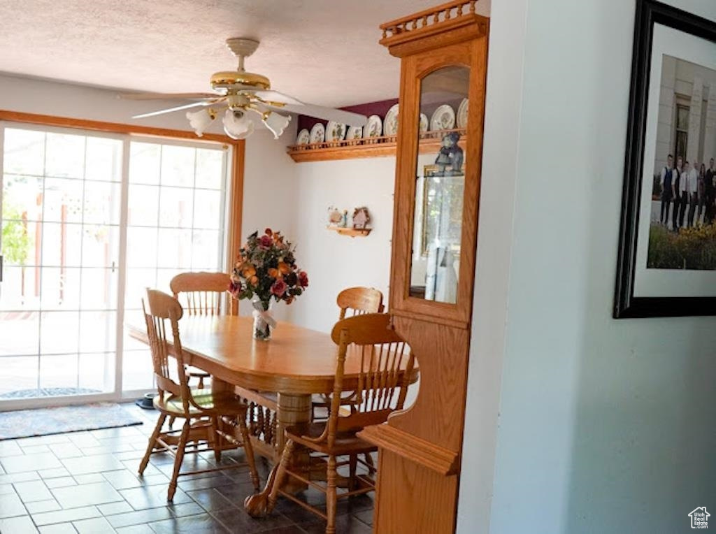 Dining space with healthy amount of natural light, a ceiling fan, and a textured ceiling