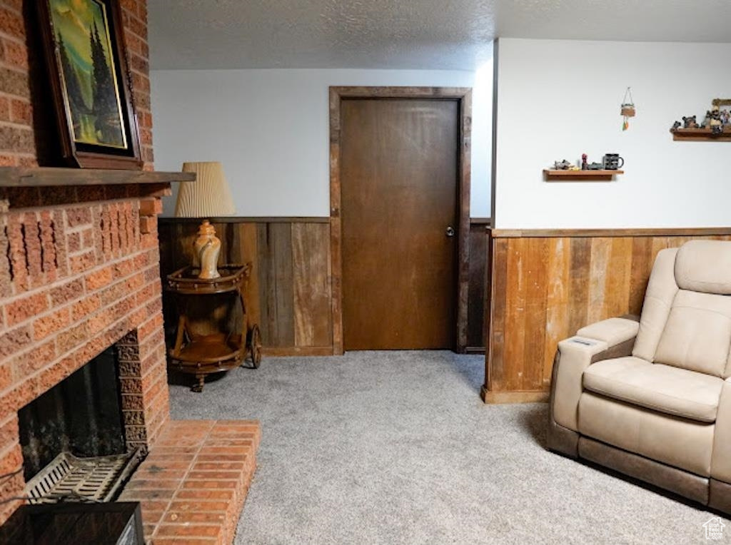 Living area featuring wainscoting, carpet, wood walls, a fireplace, and a textured ceiling